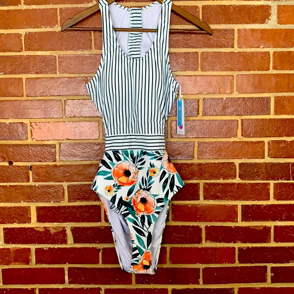 Striped, floral Cupshe one piece swimsuit.